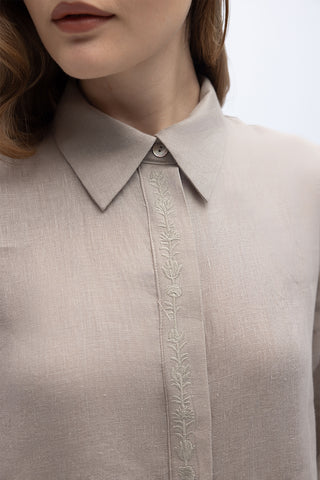 Embroidered Long Linen Dress Stone