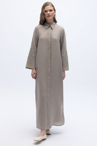 Embroidered Long Linen Dress Stone