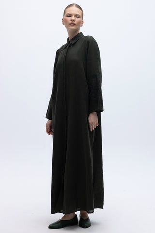 Long Linen Dress with Embroidered Sleeves Black