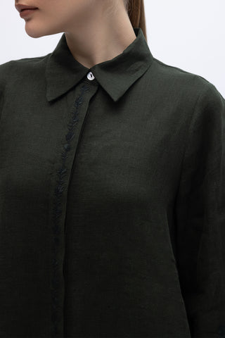 Long Linen Dress with Embroidered Sleeves Black