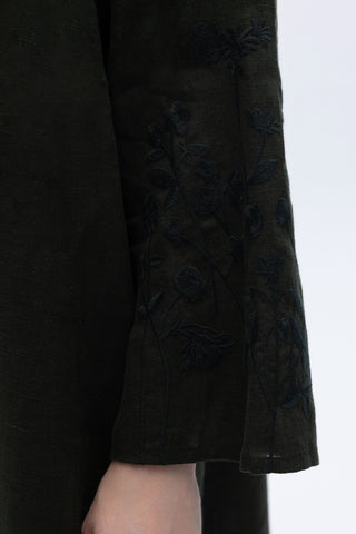 Long Linen Dress with Embroidered Sleeves Black