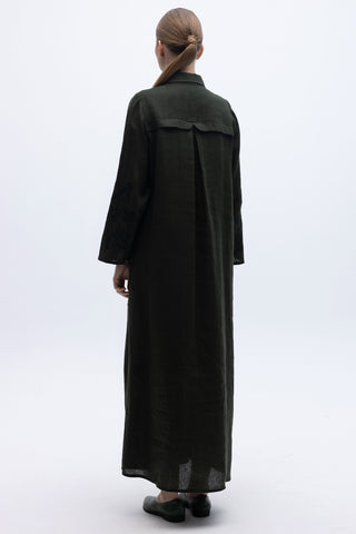 Long Linen Dress with Embroidered Sleeves Black