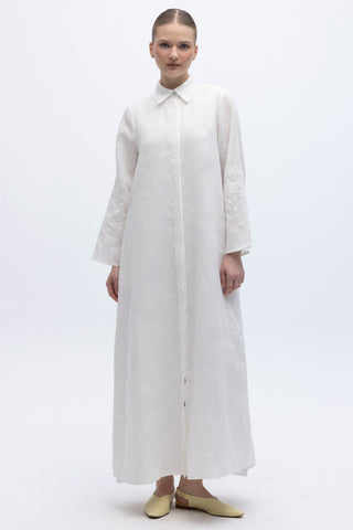 Long Linen Embroidered Sleeve Dress Ecru