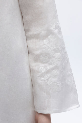 Long Linen Embroidered Sleeve Dress Ecru
