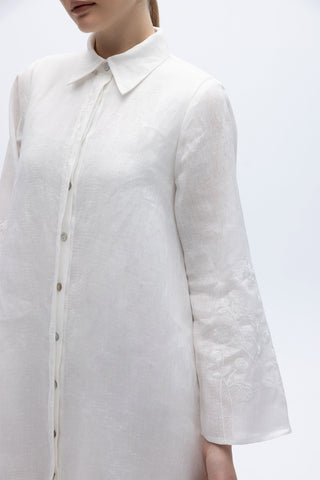 Long Linen Embroidered Sleeve Dress Ecru