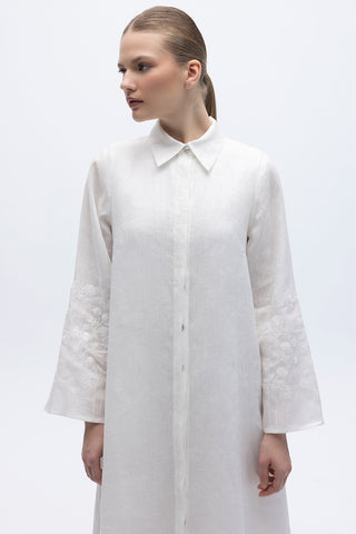 Long Linen Embroidered Sleeve Dress Ecru