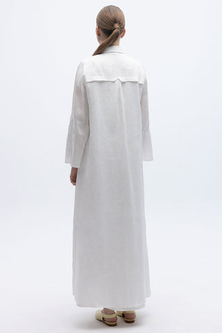 Long Linen Embroidered Sleeve Dress Ecru