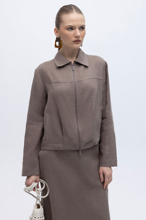 Zip-Up Short Linen Jacket Mink