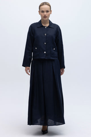 Navy Linen Jacket with Shirt Collar and Pockets