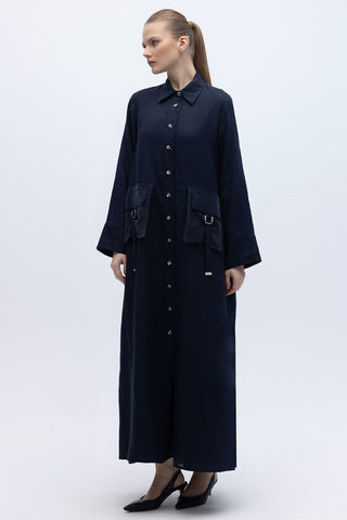 Navy Linen Jacket with Shirt Collar and Pockets