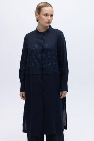 Navy Mandarin Collar Jacket with Embroidered Front