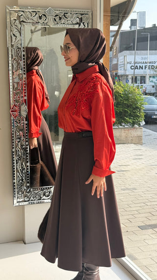 Pul Desenli Gömlek Yanık Turuncu