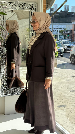 Double Krep Belden Kesik Kısa Blazer Ceket Kahverengi