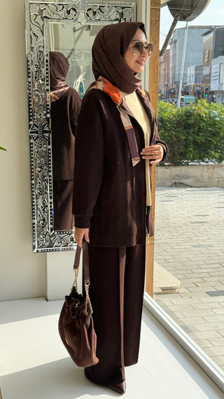 İçi Desenli Kapşonlu Takım Kahverengi