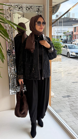 Deri Yaka Pul Desenli Ceket Siyah