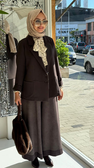 Double Krep Belden Kesik Kısa Blazer Ceket Kahverengi