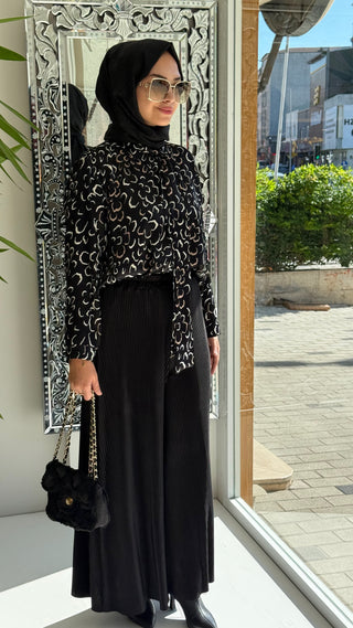 Viscon Saten Yakadan Fularlı Bluz Siyah - Ekru