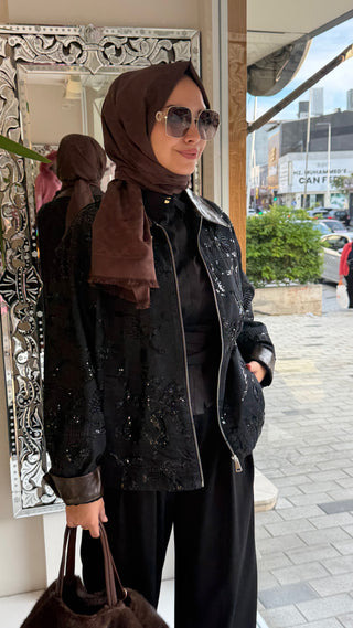 Deri Yaka Pul Desenli Ceket Siyah