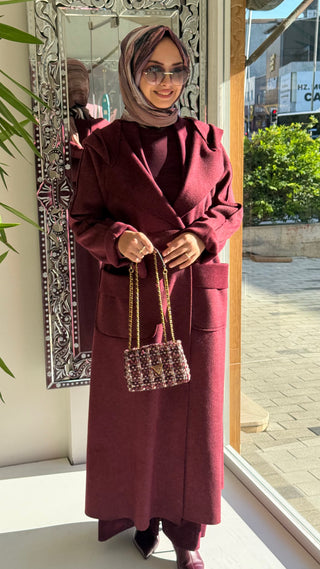 Kaşe Reglan Kol Kapşonlu Kemerli Kaban Bordo