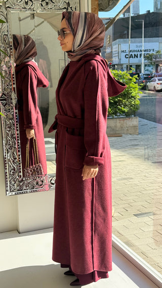 Kaşe Reglan Kol Kapşonlu Kemerli Kaban Bordo