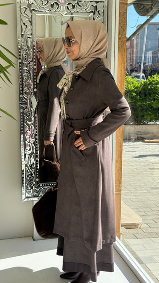 Rayon Gabardin Lycra Uzun Ceket Vizon
