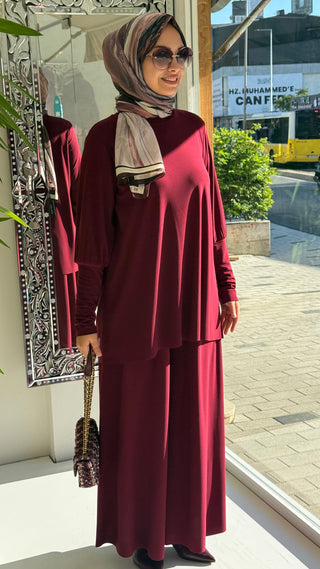 Krep Jarse Bluz Pantolon İkili Takım Bordo