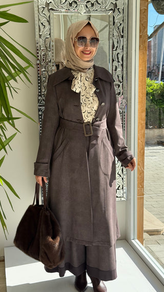 Rayon Gabardin Lycra Uzun Ceket Vizon