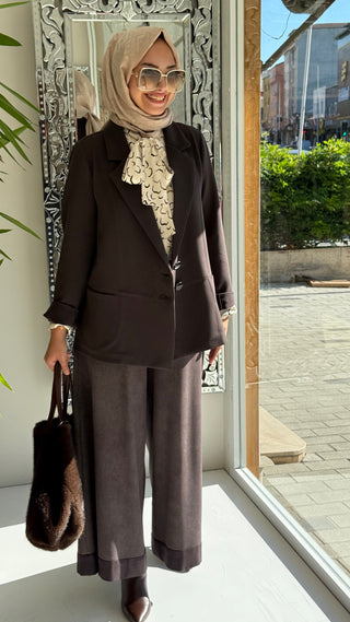Double Krep Belden Kesik Kısa Blazer Ceket Kahverengi
